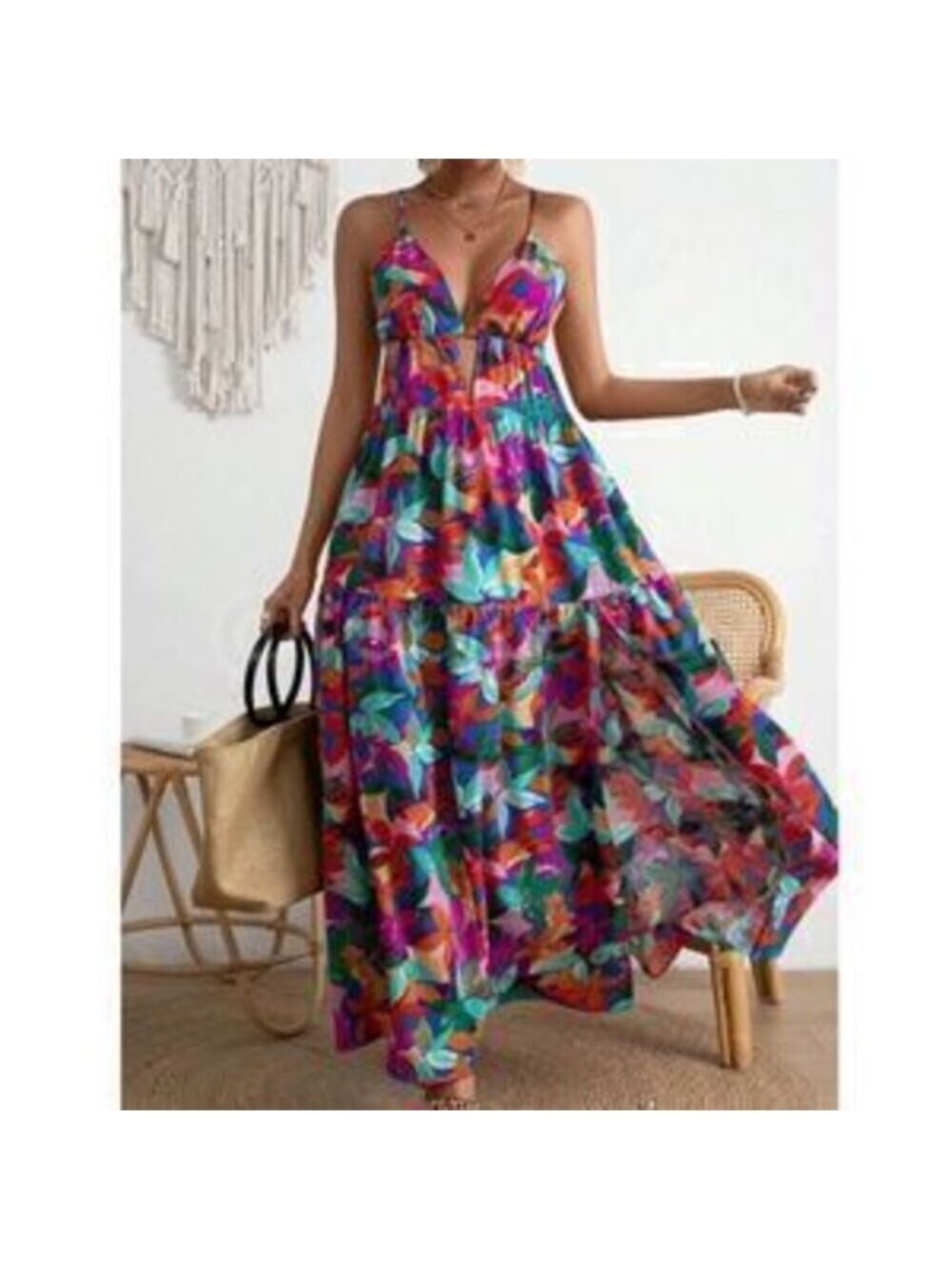 Tropical Floral Multicolor Maxi Cami Cut Out Criss Cross Straps Dress Babydoll